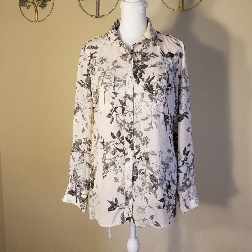 Womens Banana Republic Classic Fit Pink Gray Floral Long Sleeve Button Down XS